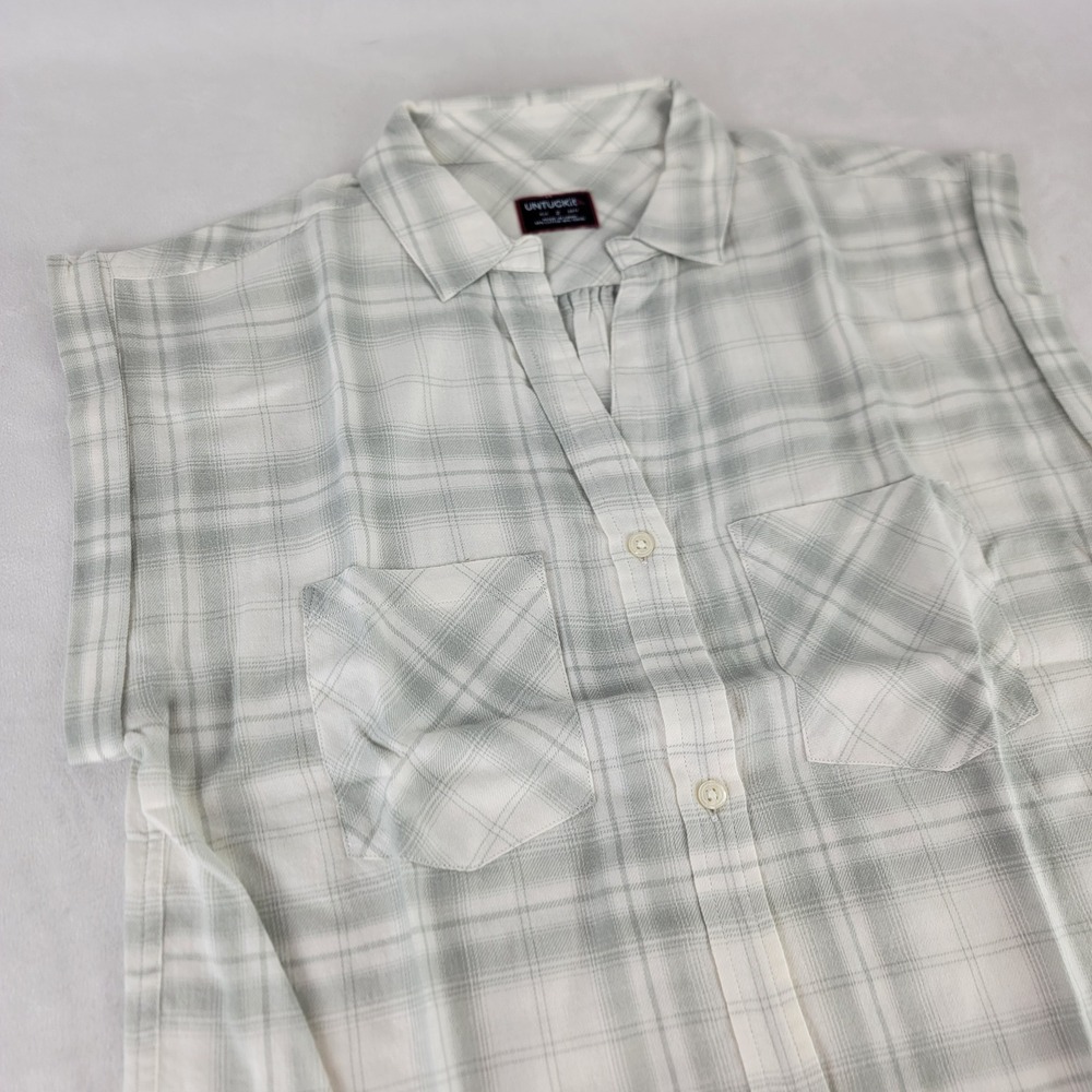 UNTUCKit Villefranche Women Plaid Sleeveless Button Down Shirt Tunic White Green